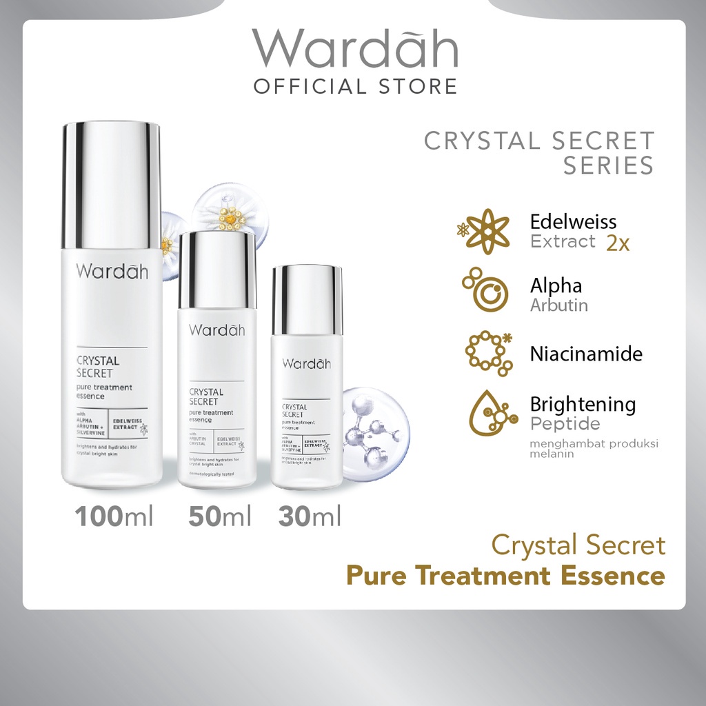 WARDAH Crystal Secret Pure Treatment Essence Indonesia / Pelembab Wajah 30ml 50ml 100ml / With Arbutin Crystal Edelweiss Extract / Brightens and Hydrates For Crystal Bright Skin / Melembabkan Menghidrasi Cerah Mist Esence Kulit / Skincare Face Care Series