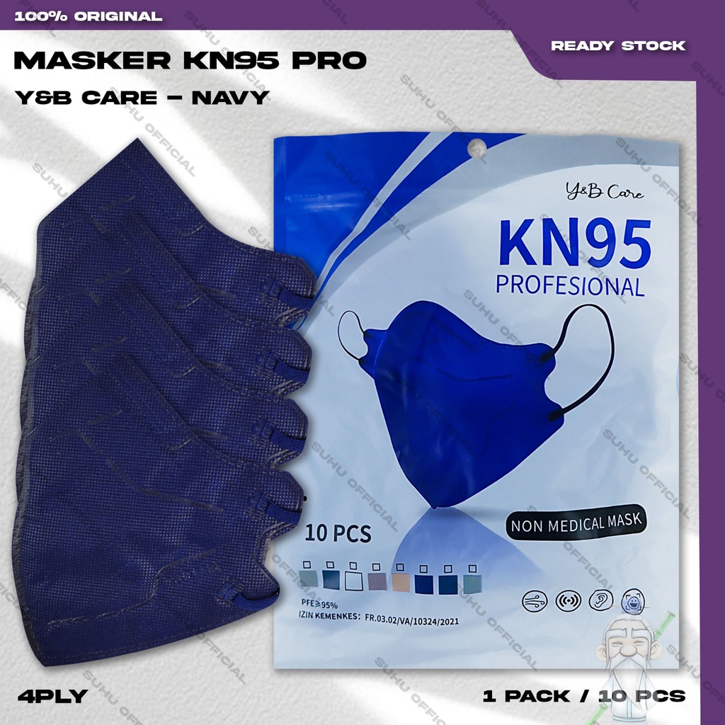 Masker KN95 PRO Y&amp;B CARE 4Ply Isi 10Pcs Navy Biru Dongker 95PRO KN 95 PRO 4 Ply Earloop Surgical Mask