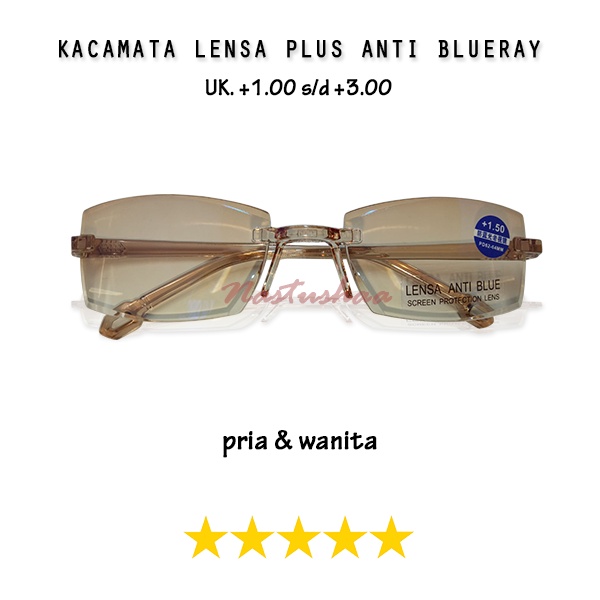 Kacamata Lensa Baca Plus {+} Anti Radiasi Ukuran +1.00 s/d +3.00 Warna Coklat Model Rimless Blueray Rabun Dekat Unisex FREECASE