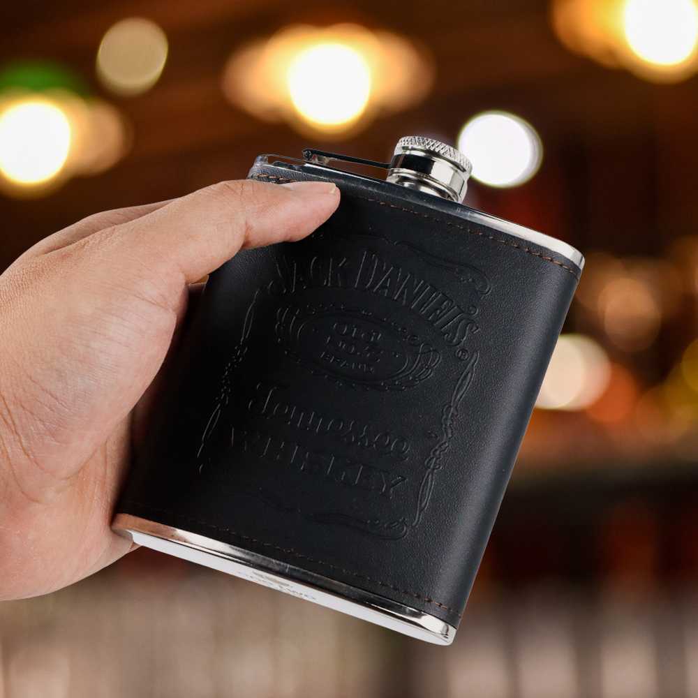 (BISA COD) FTIHSHP  Botol Bir Hip Flask Stainless Leather 7Oz with Shot Glass