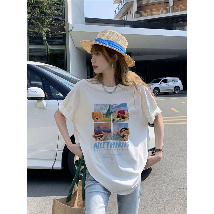 EUNII T-shirt Lengan Pendek Cartoon Oil Painting Cool Bear Korean Style/Kaos Atasan Wanita/Baju Kaus Oversize Wanita/Kaos Wanita