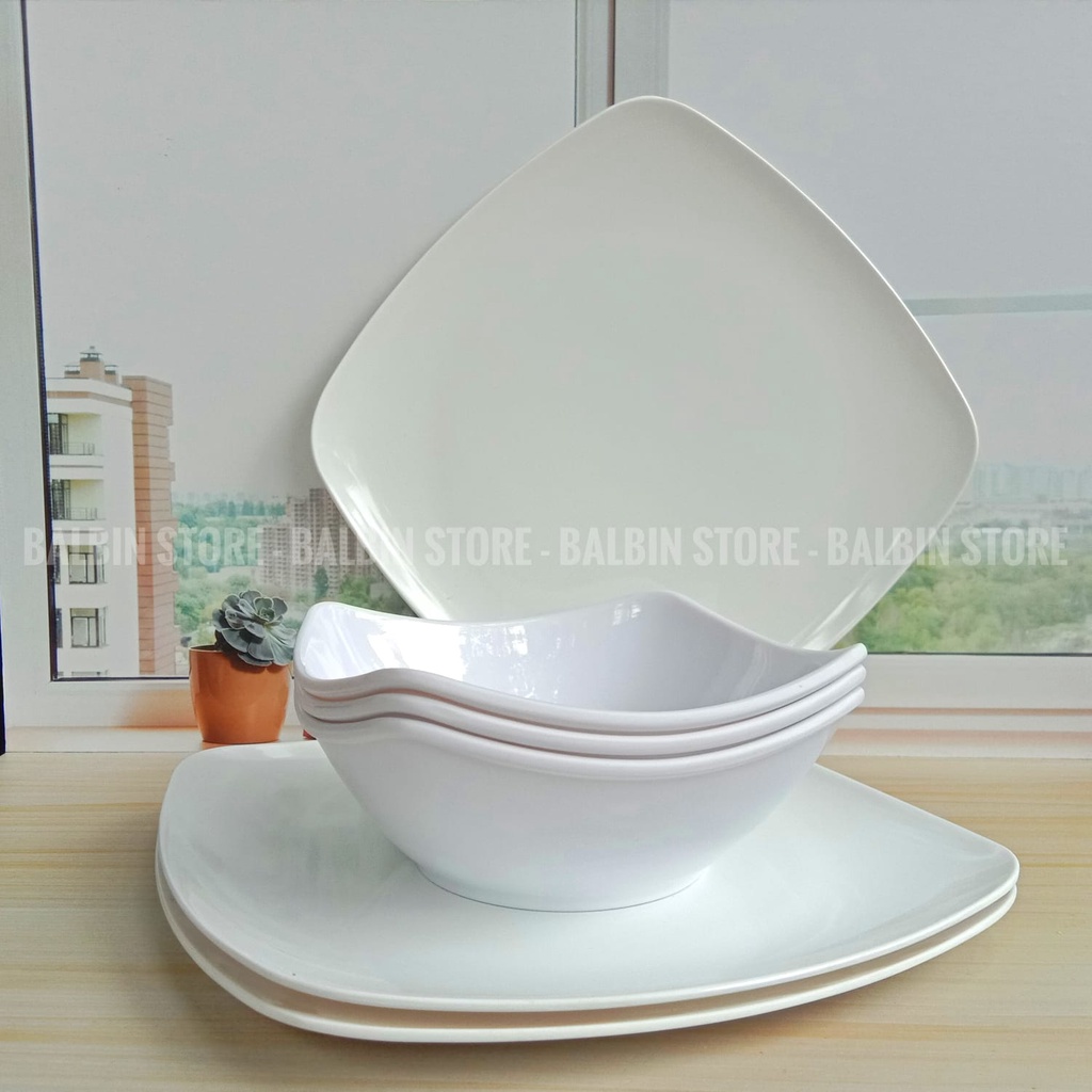 PROMO PAKET HEMAT 6 PCS ISI PIRING SAJI 9&quot; MELAMINE DAN MANGKUK KOTAK 6&quot; INC MELAMIN - Food Grade