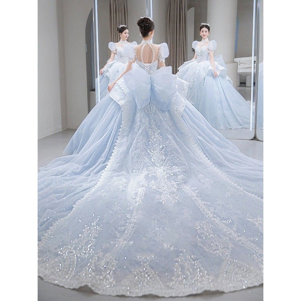 Baby Biru Gaun Pengantin Wanita Long Tail Bridal Wedding Dress Princess Bright Sequin Lace Beaded Wedding Gown Gaun Pengantin Wanita Ekor Panjang