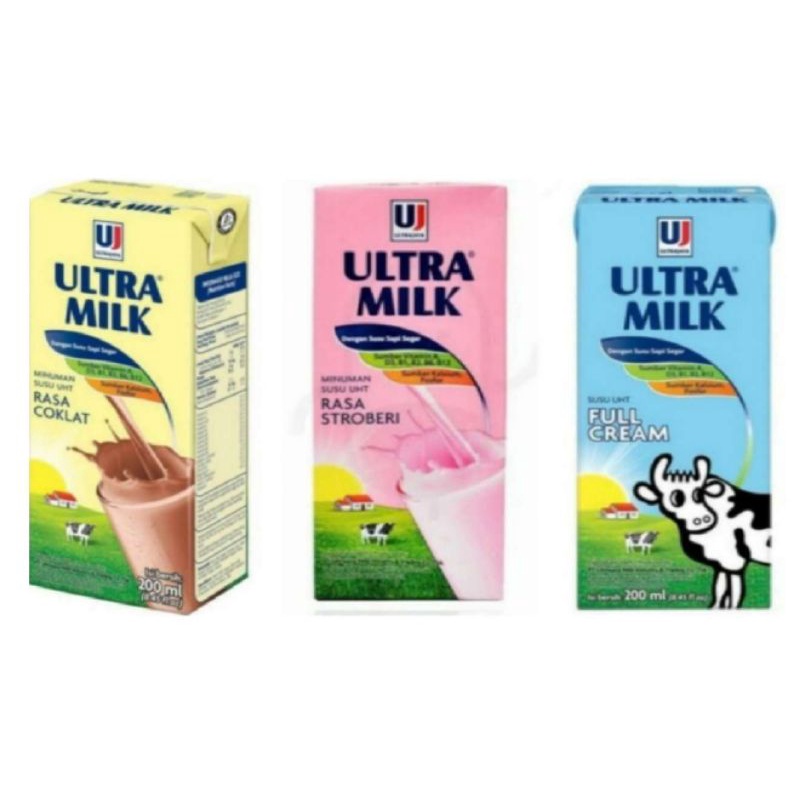

susu ultra 200 ml isi 24 (pcs) cokelat/strawbery/full cream
