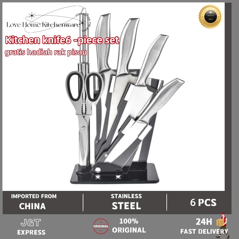 【ORIGINAL HIGH QUALITY】Pisau Dapur Set 6 in 1 Stainless Steel Premium Super Tajam Anti Karat | Pisau