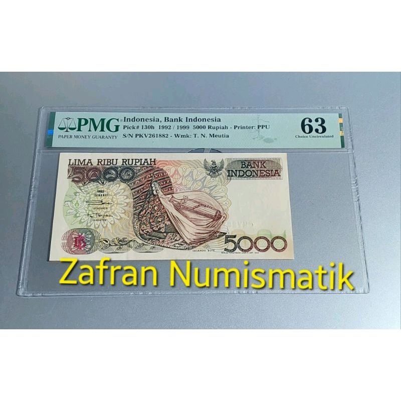 ZN1543. Uang Kuno Rp 5000 Sasando Rote Tahun 1992 Sertifikat PMG SCORE 63