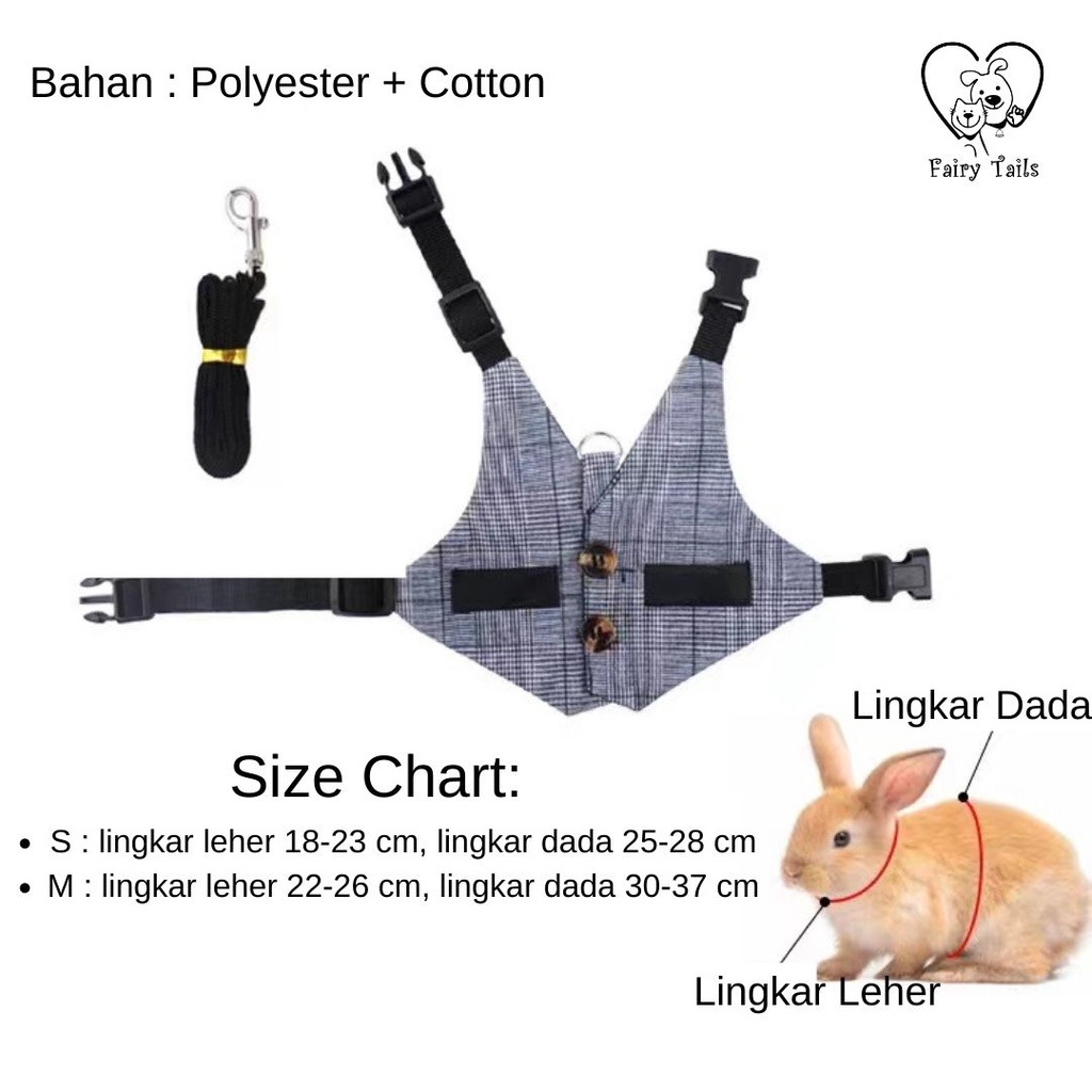 Harness Rompi dan Tali Tuntun Kelinci Adjustable Untuk Outing Aktivitas Outdoor/ Soft Breathable Vest Harness and Adjustable Leash for Rabbits