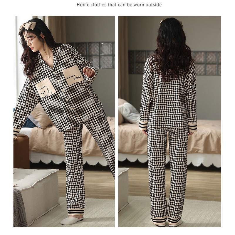 UNINICE 【Barang spot】 Celana panjang lengan panjang Katun Homewear Kardigan Cetak Kartun Set Piyama Dua Potong