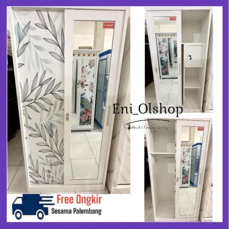 LEMARI PAKAIAN SLIDING/GESER, 2 PINTU, BAHAN BESI, LEMARI BAJU KACA + KUNCI + LACI DALAM, GANTUNGAN,