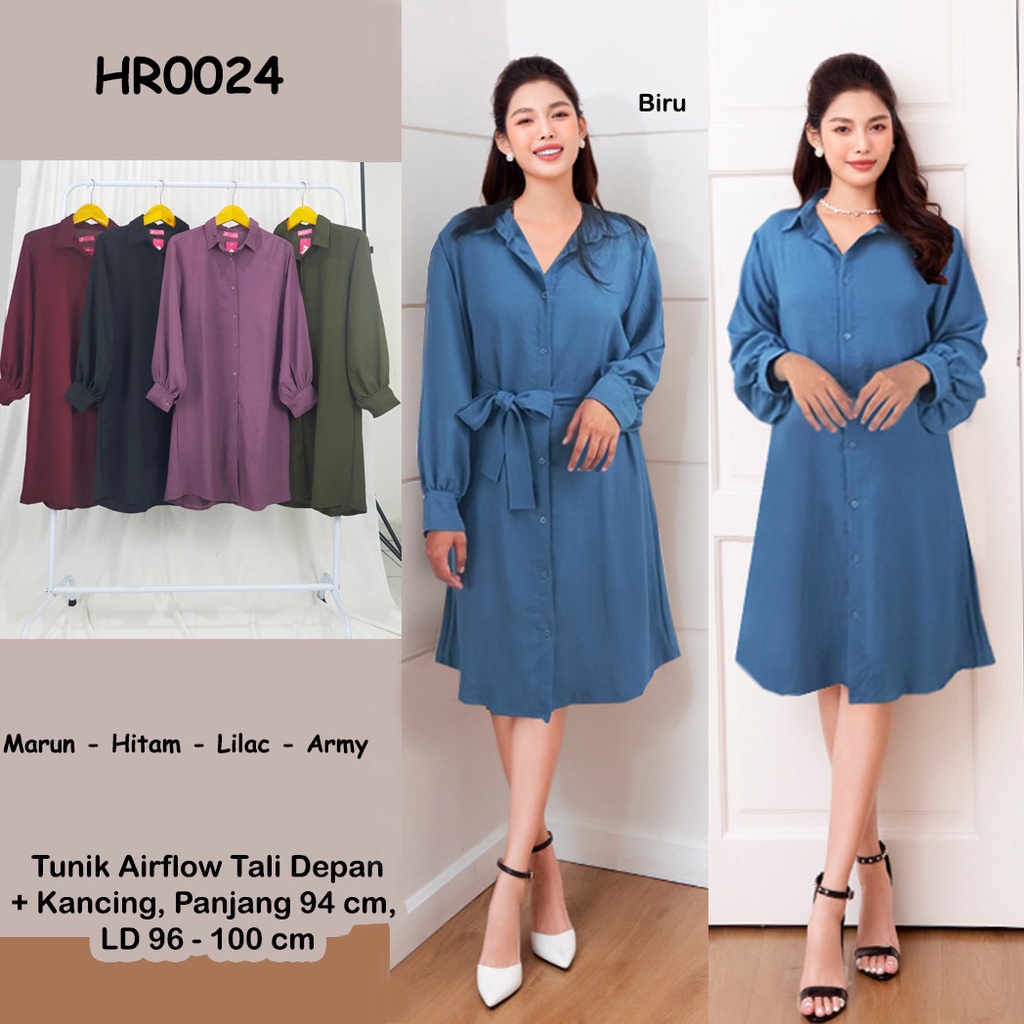 HR0024 Tunik Airflow Tali Depan + Kancing Stretch / Dress Kerja / Atasan Kemeja Panjang / Atasan Tunik