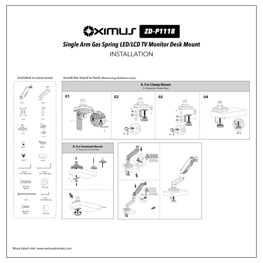 Oximus ZDP1118 / 1118 Bracket TV Monitor Gas Spring Tilt Swivel