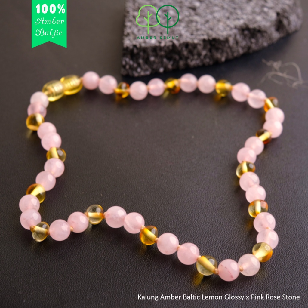 Kalung Amber Lemon Glossy X Rose Quartz Resizeable [2184]