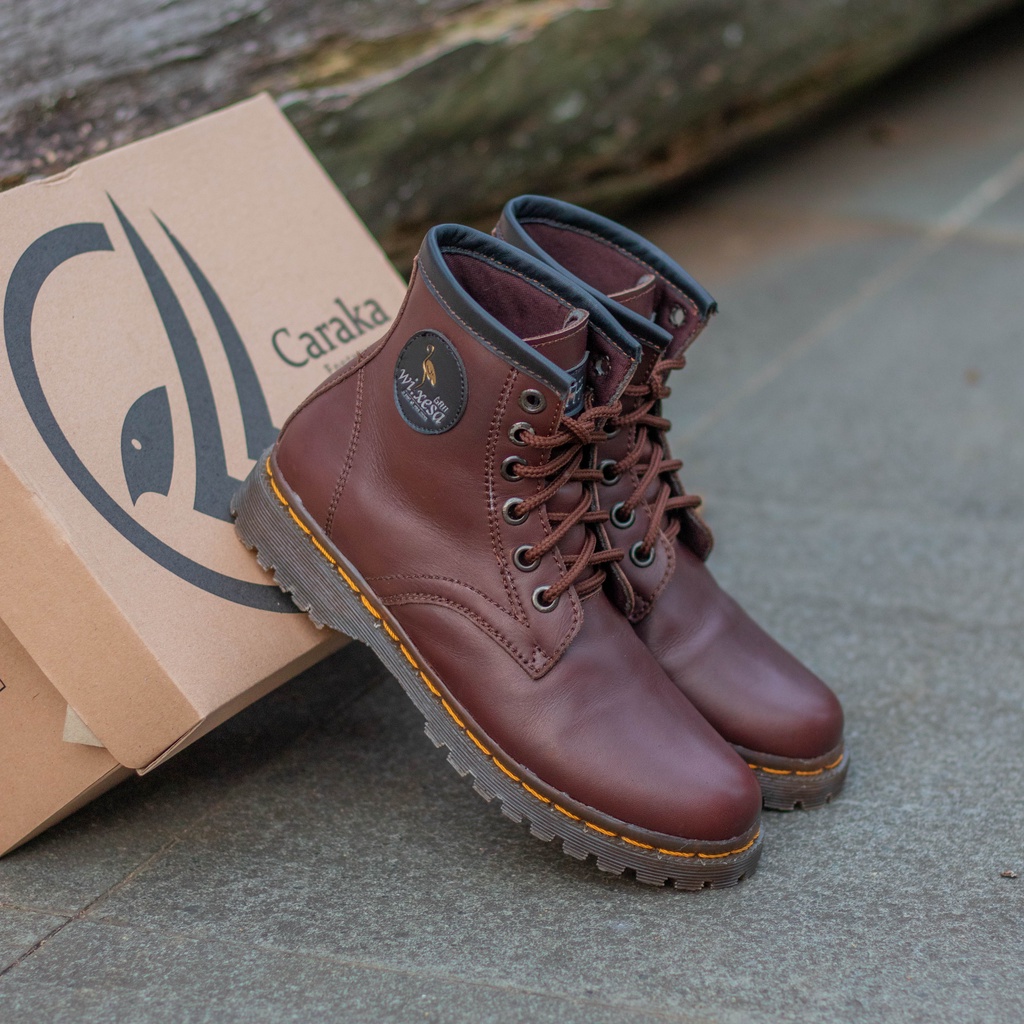 Sepatu Boot Wixesa High Series Pria &amp; Wanita (UNISEX) Original Caraka Footwear 100% Limited Edition Kulit Asli Brown ( Coklat Tua), Sepatu 6 Lubang Tali Kulit Sapi Asli Cibaduyut