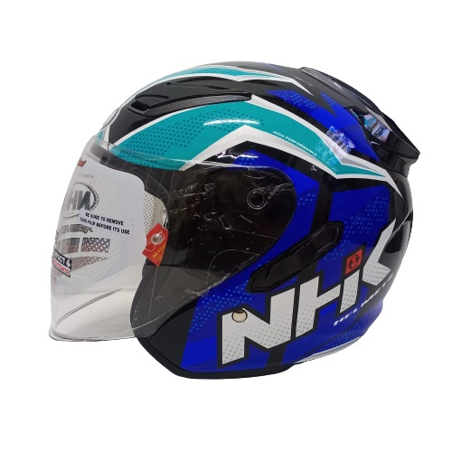 HELM NHK R1 SUBJECT BLACK TOSCA BLUE HALF FACE NHK R1 DOUBLE VISOR