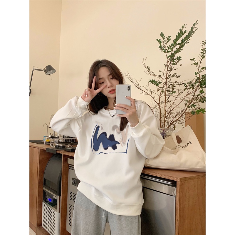 XIAOZHAINV Korean Style Style Crayon Doodle Pattern Lengan Panjang Baju Sweater Wanita