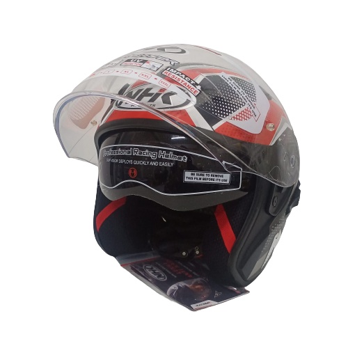 HELM NHK R1 SUBJECT BLACK RED SILVER DOFF HALF FACE NHK R1 DOUBLE VISOR