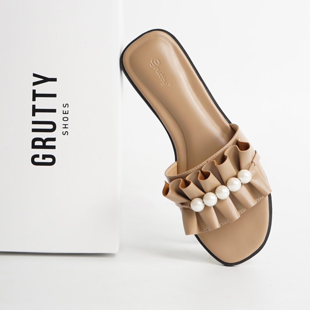 GRUTTY Puffy Flat Sandal Wanita Mutiara Hitam Salem Tan Sendal Kekinian Super Comfy