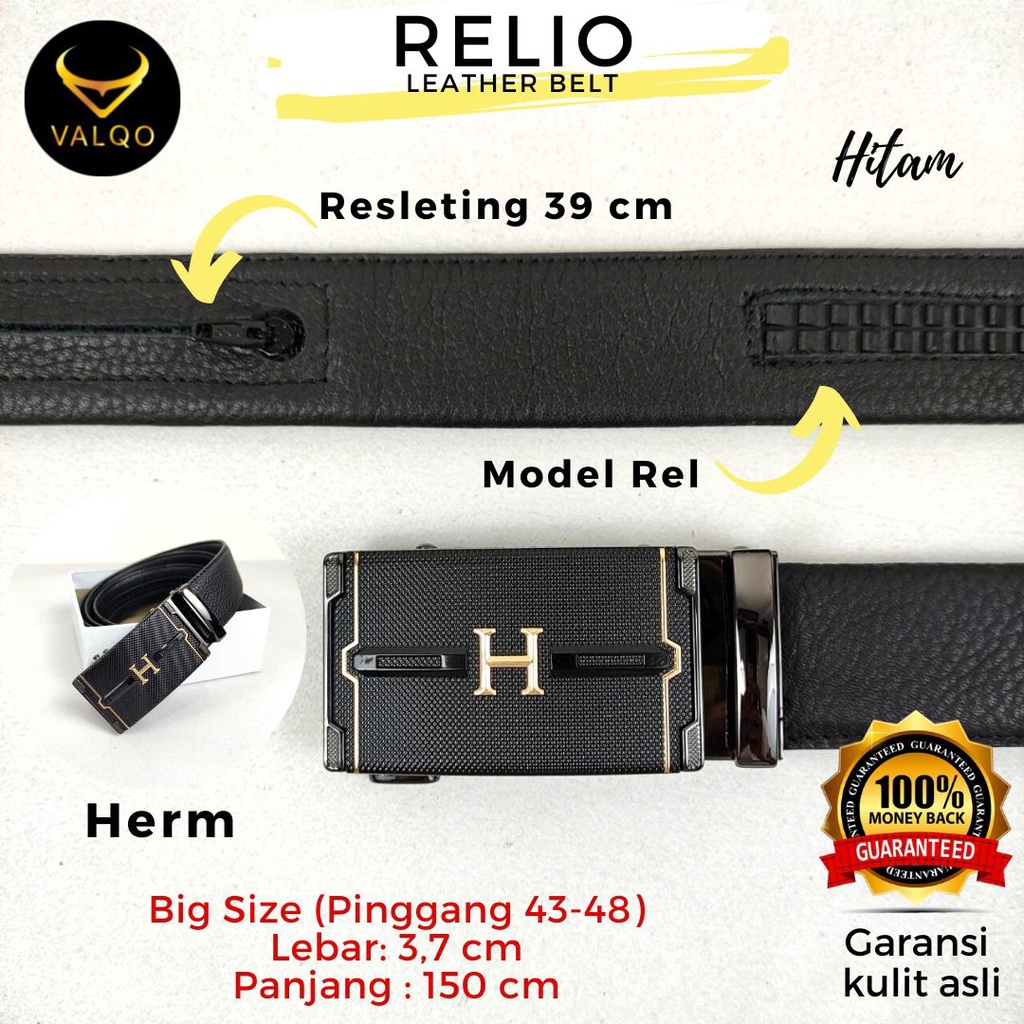 [VALQO] RELIO Resleting 150 CM Hitam Ikat Pinggang kulit sapi Rel Sabuk Cowok Pria Ukuran Besar Big Size