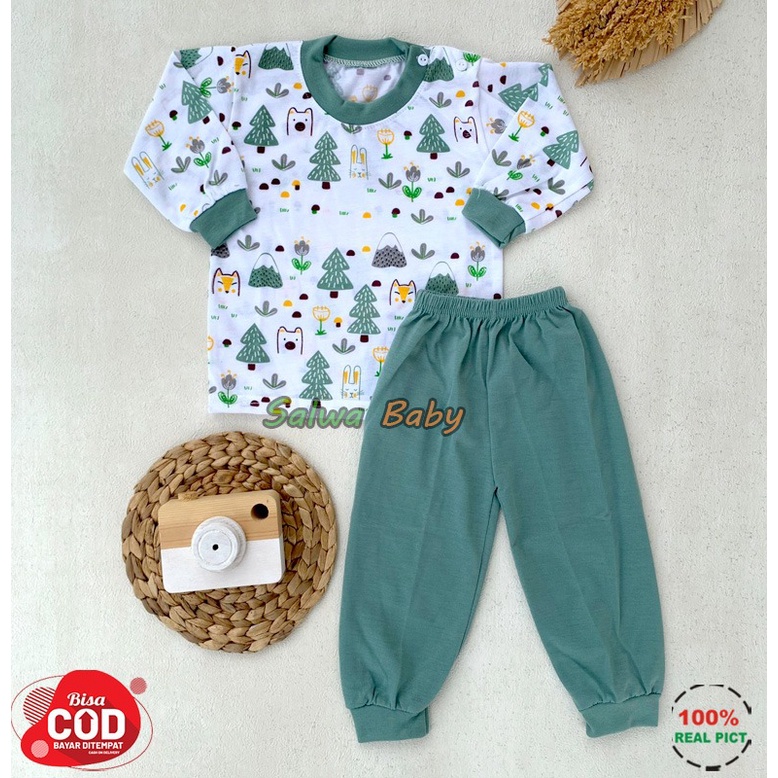 Setelan Baju Bayi Piyama Bayi Lengan Panjang Kancing Pundak Motif Pohon Cemara Usia 3-12 Bulan Anababy