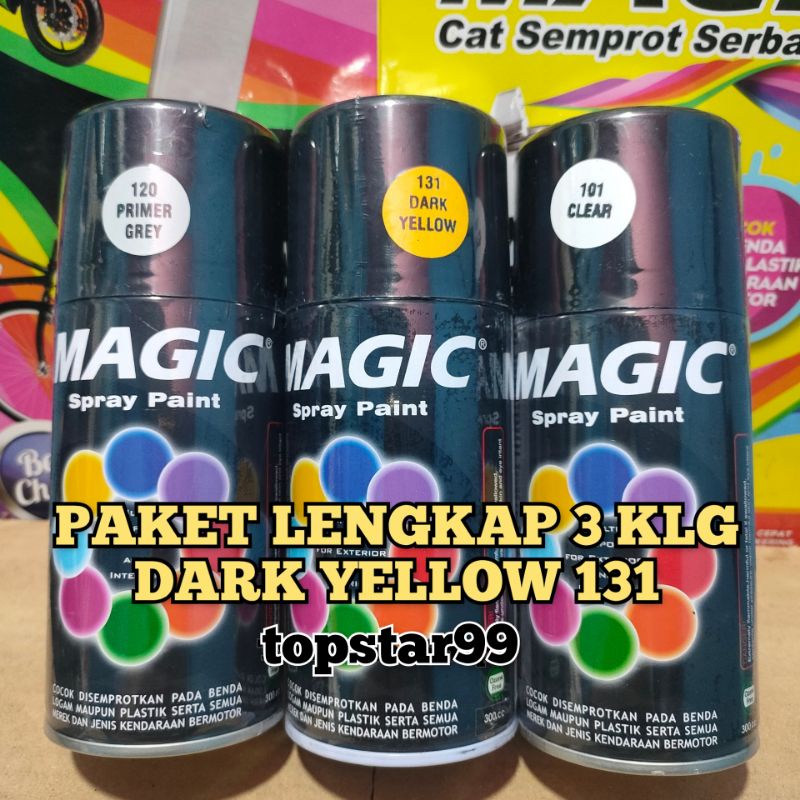 Pilok Pilox Cat Semprot Magic Paket Lengkap 3 Kaleng 300cc Paketan Kuning Tua Glossy Dark Yellow 131 Primer Grey Epoxy 120 Clear Pernis Glossy Mengkilap 101 Spray Paint