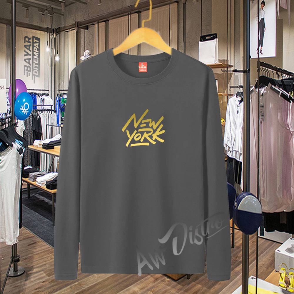 COD Baju Kaos Distro NEW YORK 006 Teks Gold Premium Quality Lengan Panjang Kaos Tulisan Kaos Kata-Kata Kaos Sablon Big Size