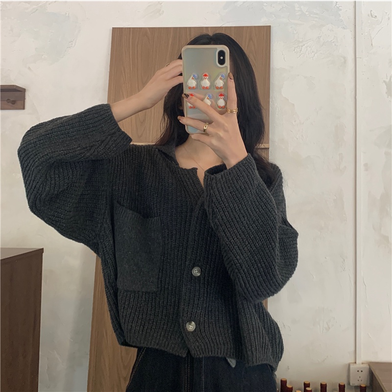 [3 Warna]EUNII Korea Style Cardigan Rajut Atasan Lengan Panjang Crop Top Atasan