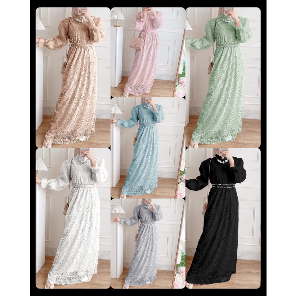 MAXY MOUREN 3 UKURAN M L XL BRUKAT FASHION PAKAIAN WANITA DRESS GAMIS MAXI BUSUI BAHAN BRUKAT MALIKA LAPIS MOSCREPE MR