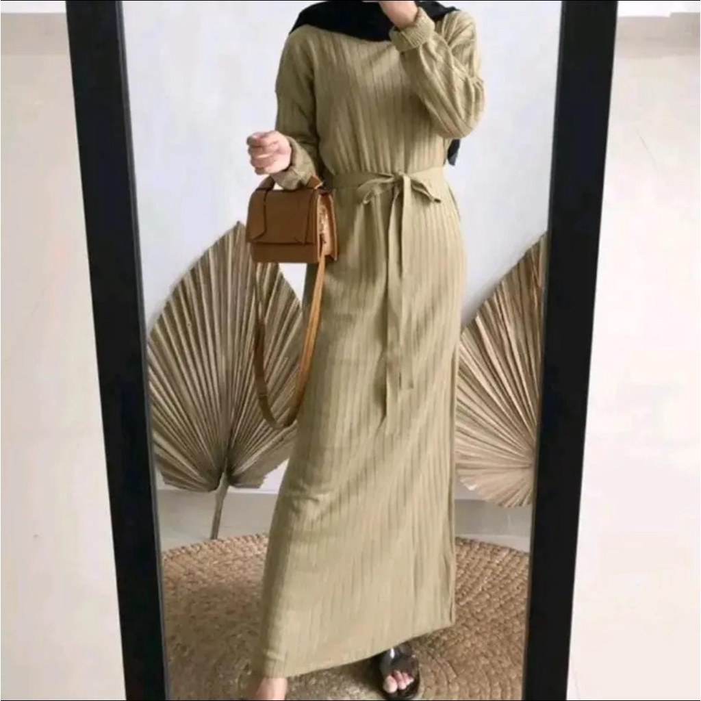 GAMIS WANITA TERBARU / TUNIC DRES TALI PINGGANG / AZELA DRES  RAJUT WANITA (FREE BELT)