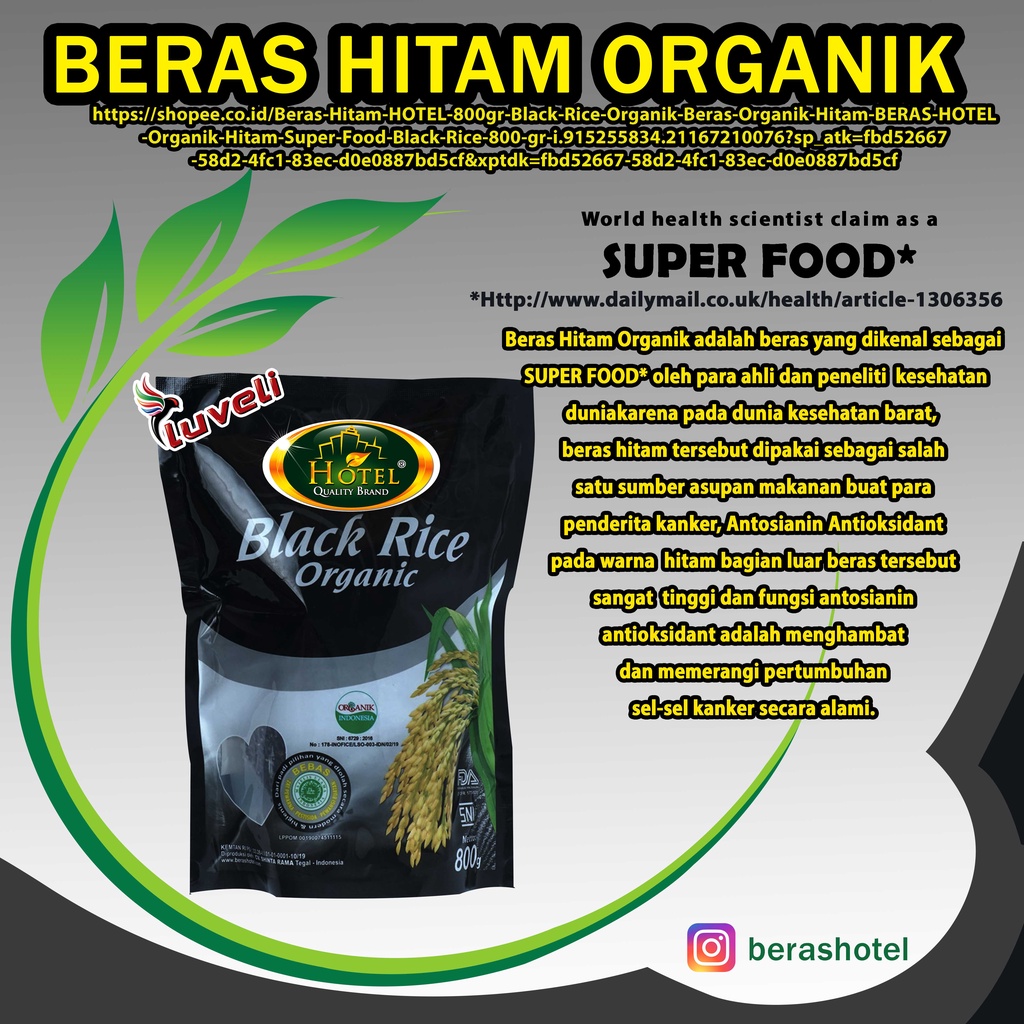 

Beras Hitam HOTEL 800gr - Black Rice Organik - Beras Organik Hitam - BERAS HOTEL Organik Hitam - Super Food Black Rice 800 gr