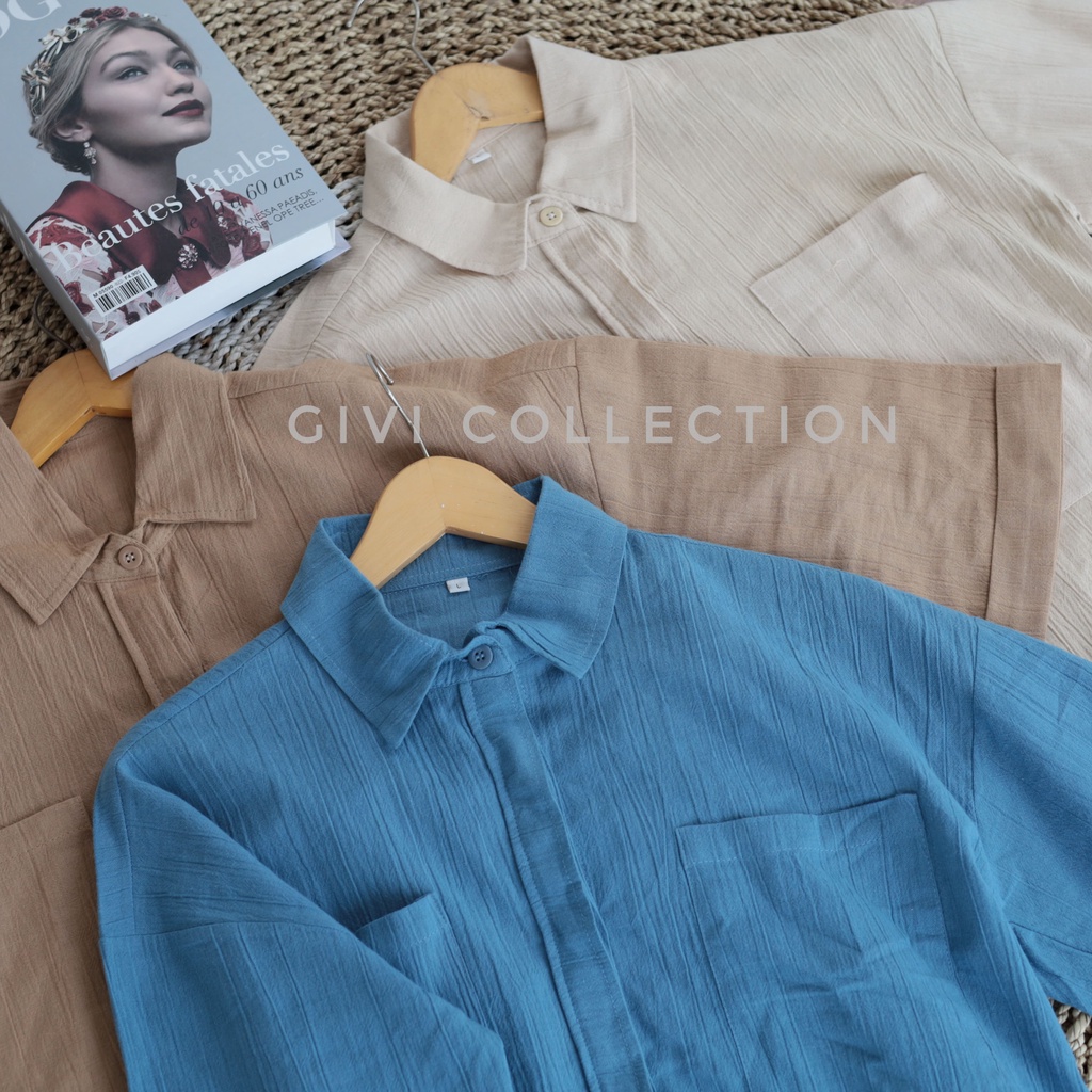 vivi shirt crop | kemeja linen crinkle | atasan korean style | kemeja oversize