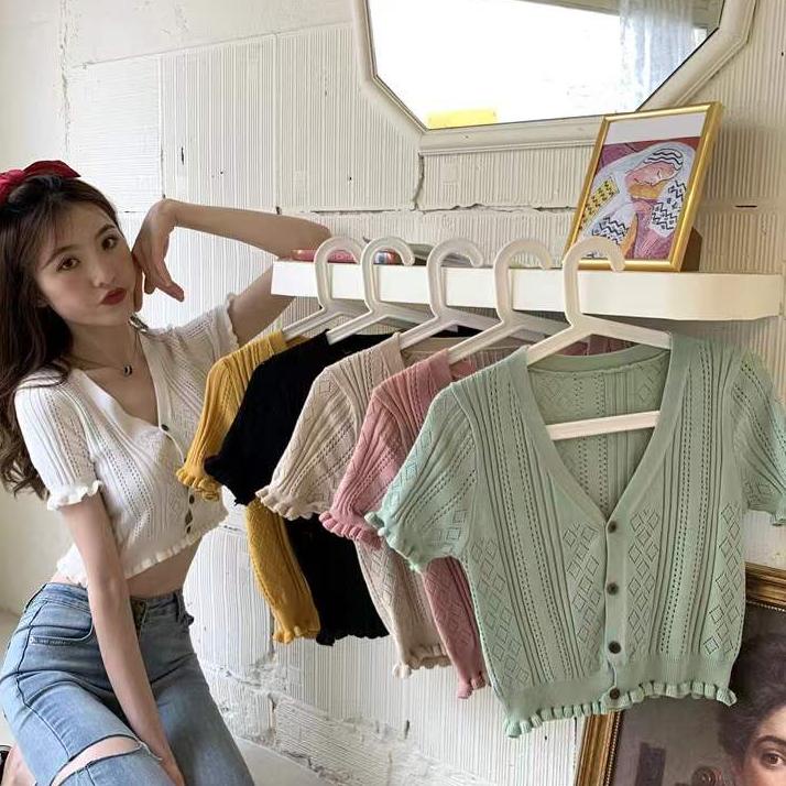 [ART. 4906] JOANA CROP BUTTON WANITA / Korean Lettuce Vneck - ATASAN CROP TOP KOREAN STYLE RIB