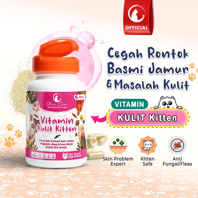 Olive Care Cat Vitamin Kucing Masalah Kulit Kitten Untuk Bulu Rontok, Jamur, Kutu, Scabies, Ringworm, Ruam dan Radang Kulit