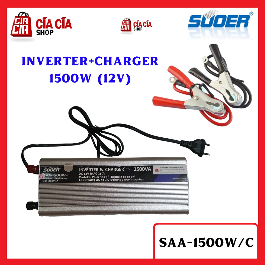 Suoer Inverter 1500W + charger 10A SAA-1500W/C inverter charger aki 12V 1500 Watt