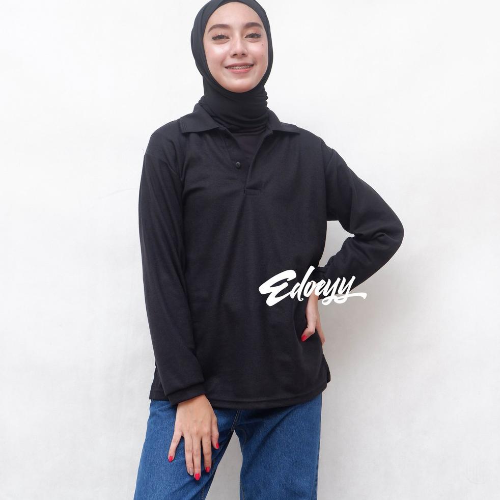HOT SALE Kaos Polo Shirt Wanita Lengan Panjang HITAM - Baju Kerah Berkerah Cewek Lengan Panjang