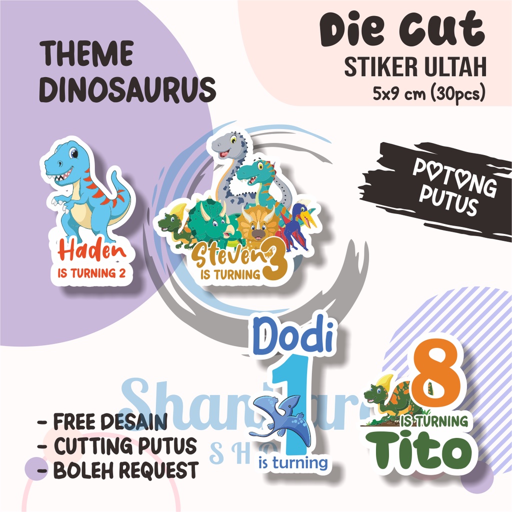 ( 30 PCS ) Stiker Ulang Tahun Anak THEME DINOSAURUS / Stiker Ulang Tahun DIE CUT / Stiker Ulang Tahu