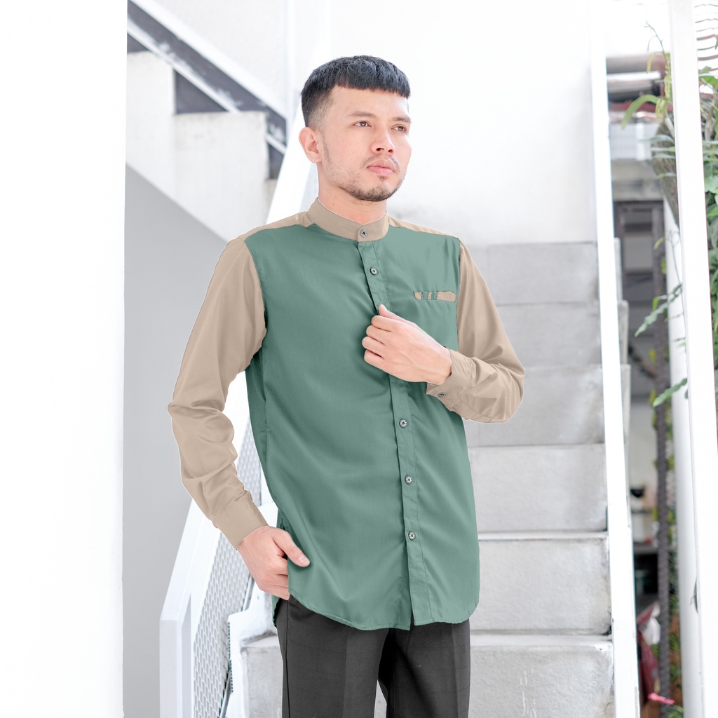 Kemeja Koko Pria Lengan Panjang Bahan Toyobo Premium Model Baju Koko Pria Lengan Panjang Kombinasi 2 Warna Raglan