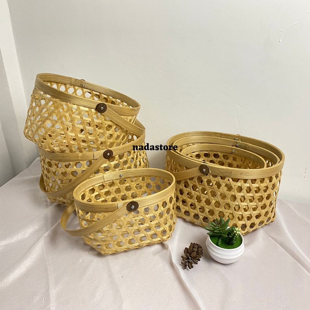 Keranjang Bamboo Hampers Bulat Oval Hexagonal Hantaran Pernikahan Buah Buahan, Tas bambu hampers