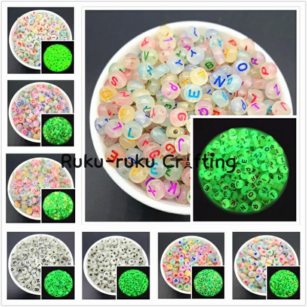 (100 Pcs) Manik Mote Huruf Glow In The Dark Manik Huruf Akrilik Kotak Bulat Bahan Craft