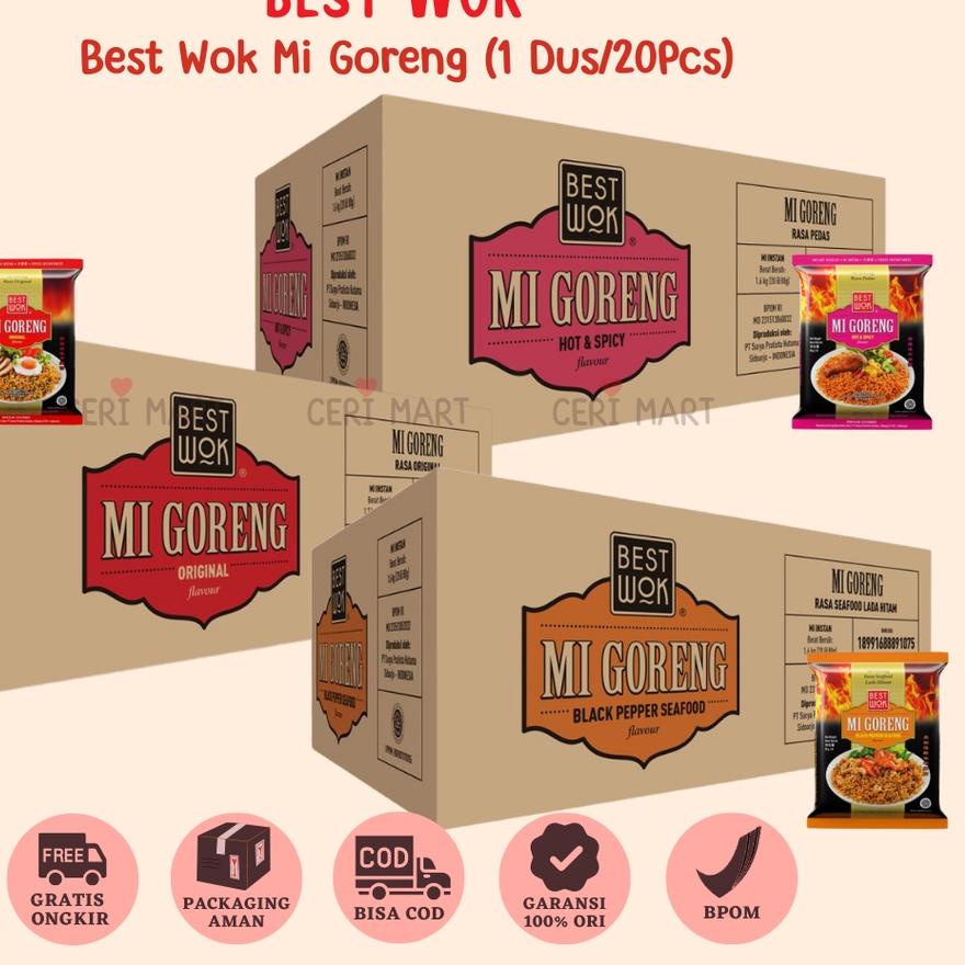 

☞ Best Wok Mi Mie Goreng 1 DUS 20 pcs Bisa Mix Original Hot & Spicy Blackpepper Black Pepper Seafood Instant Noodle 85gr BestWok KKV Indomie ℗