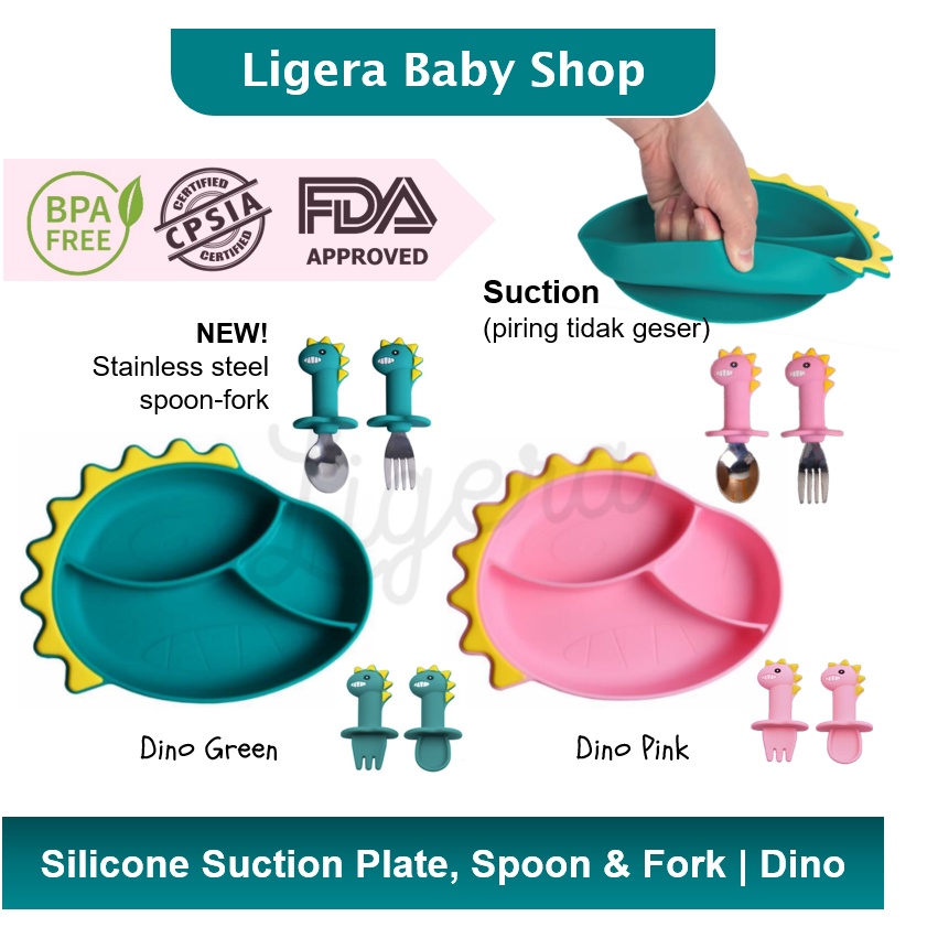 LIGERA 3 Pcs Silicone Feeding Set Piring Suction + Sendok + Garpu Training Dino Plate Baby MPASI