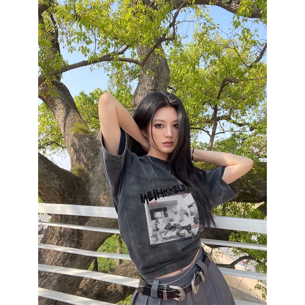 EUNII T-shirt Lengan Pendek Black Washed Retro Printing Korean Style/Kaos Atasan Wanita/Atasan Wanita