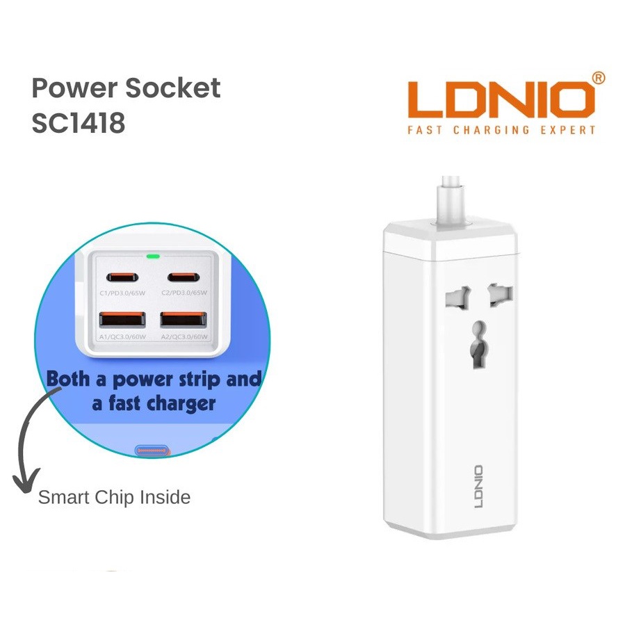 Stop Kontak LDNIO SC1418 1 Socket 2 USB Fast Charging 2 Type C PD 65W