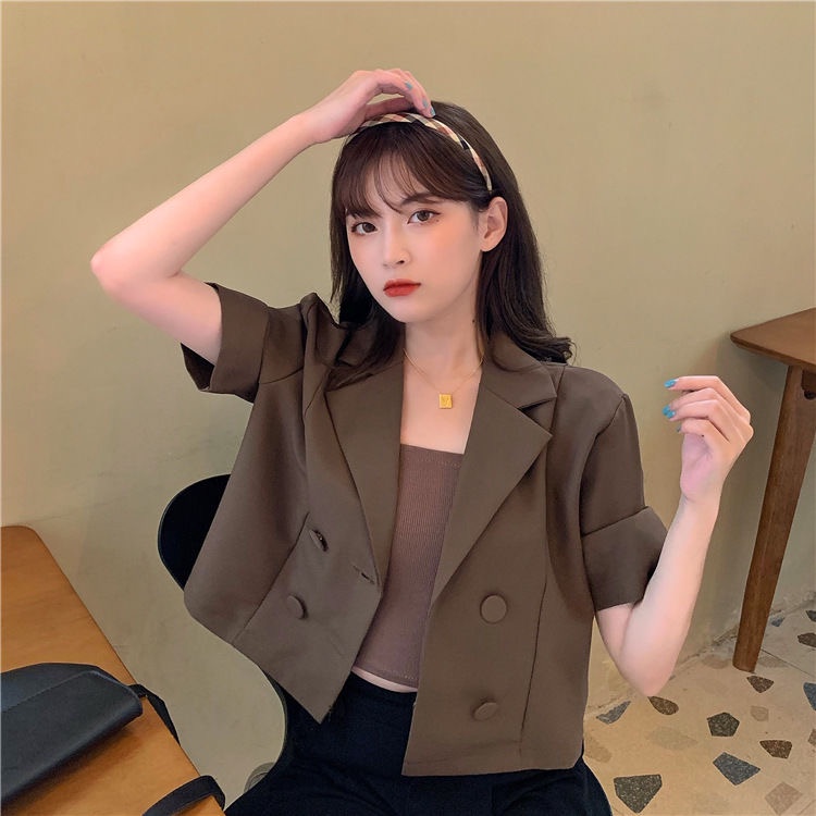 EUNII [3 warna]Jaket Crop Blazer Lengan Pendek Hitam Kasual untuk Wanita Korean Style