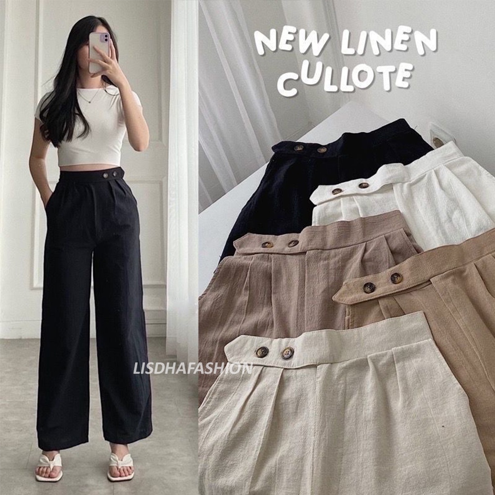 Side Button Linen Rami Celana Kulot Wanita Highwaist Premium Loose Pants Korean Style Pinggang Karet