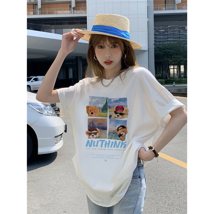 EUNII T-shirt Lengan Pendek Cartoon Oil Painting Cool Bear Korean Style/Kaos Atasan Wanita/Baju Kaus Oversize Wanita/Kaos Wanita