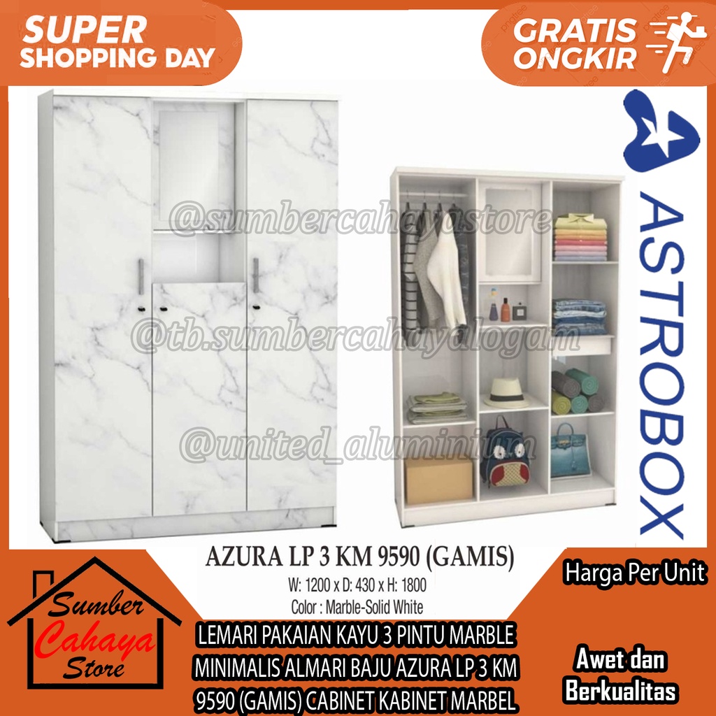 [Kargo] LEMARI PAKAIAN KAYU 3 PINTU MARBLE MINIMALIS ALMARI BAJU AZURA LP 3 KM 9590 (GAMIS) AYUN MOD