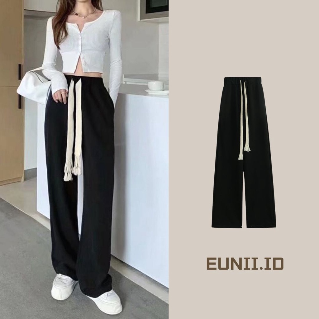 EUNII Celana Panjang Sweat Hitam Wanita Loose Highwaist Celana Pants Casual Korean Style