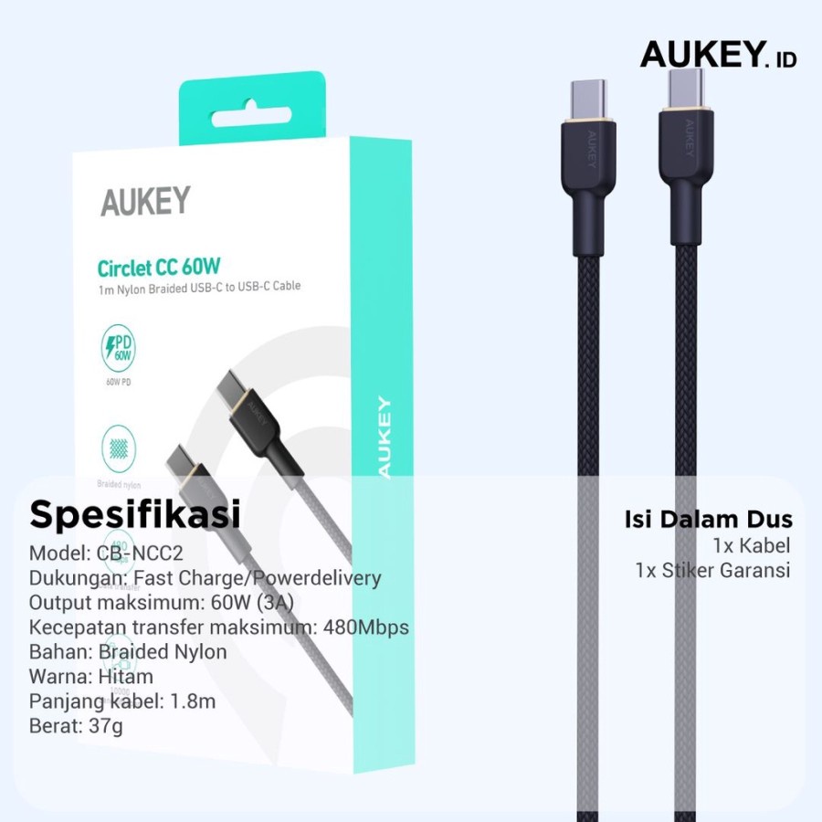 Kabel Charger Aukey CB-NCC2 USB C to C 3A Braided Nylon 1.8M - 501671