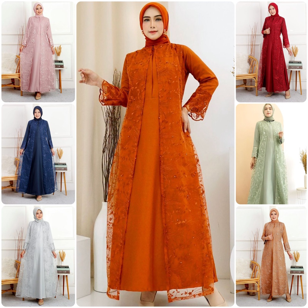 (S,M,L,XL,XXL) Gamis Hena Busui Tile Bordir Mutiara Maxi Dress Lebaran Brukat Tulle Baju Muslim / DRESS MUSLIM PESTA / MAXI KONDANGAN / DRES BROKAT TILE / GAMIS TULLE TILLE BRUKAT BORDIR MUTIARA