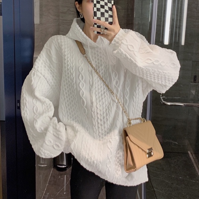 EUNII Sweater Oversize Retro Sweater Putih Hoodie Oversize Korean Style